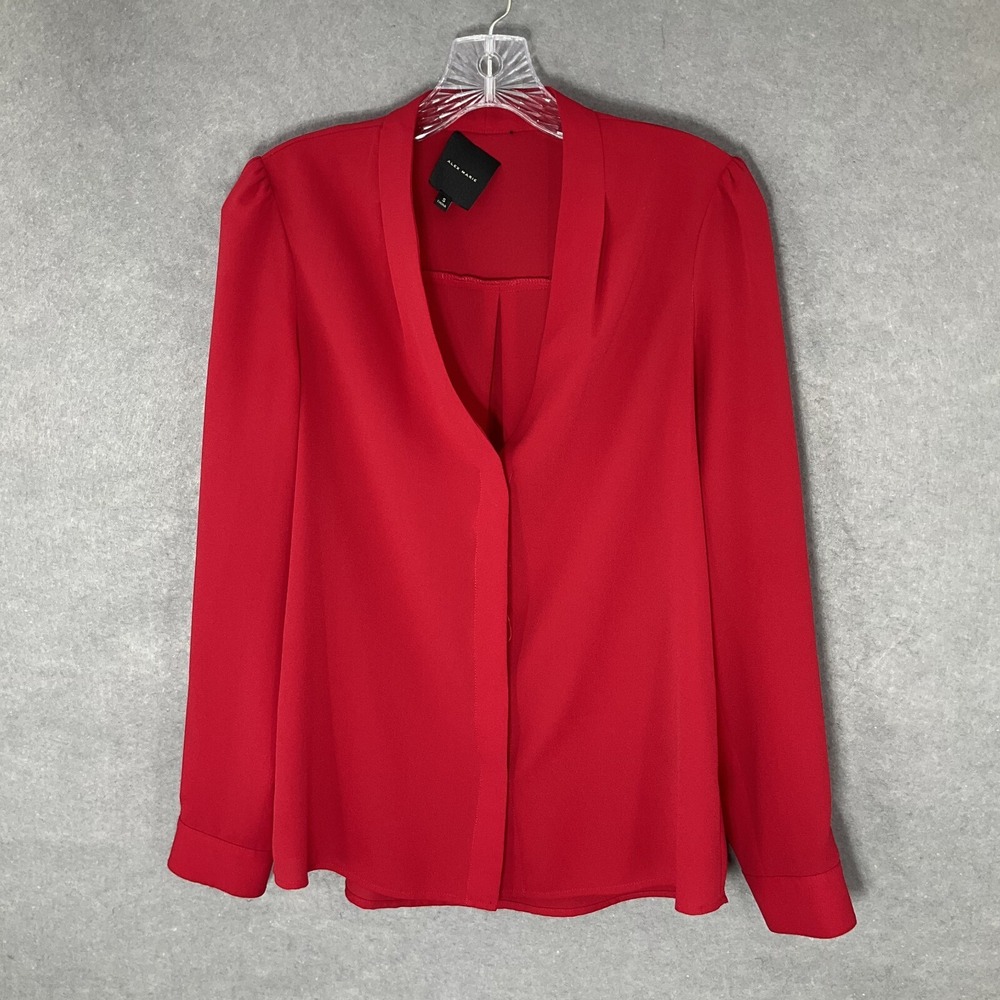 Alex Marie Top Womens Sz S Red Long Sleeve Button Up V-Neck Lightweight Office‎